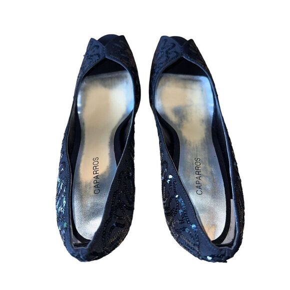 Caparros Nature Black Beaded Peau Peep Toe Heel Size Womens Size 10 GREAT CONDIT - Picture 6 of 13